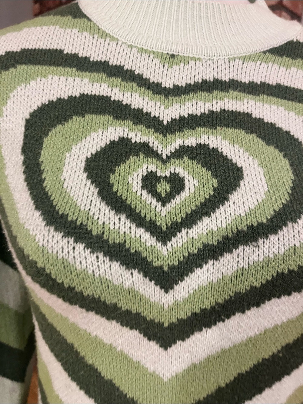 Cider Stretches to 22 ptp Striped Heart-Pattern Crewneck Sweater - Green/Cream - Picture 2 of 4